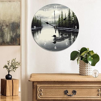 ArogGeld Loon Rustic Bedroom Clocks Lake Time Duck Wall Clock Quartz Battery Operated Silent Wall Clocks for Home Office School 12x12in New Home Housewarming Gift - color: A-51, size: 12x12in
