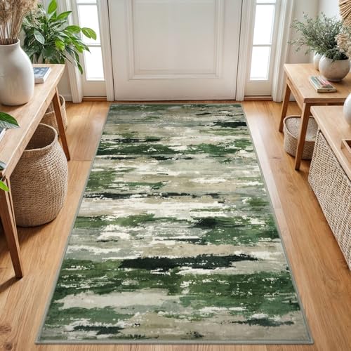 Abstract Washable Rugs for Entryway 3x5 Area Rug Non Slip Door Mat | Green;Thin Printed Faux Wool Kitchen Rugs;Indoor Front Door Rug;Entry Rug;Floor Carpet;Throw Rugs for Living Room - color: Forest Green / Sage / Ivory, size: 3' x 5' (Rectangular)