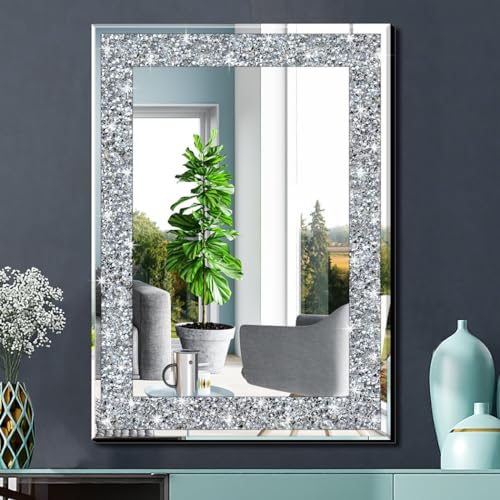 QMDECOR Crystal Crush Diamond Rectangle Silver Mirror for Wall Decoration 20x28inch Wall Hang Frameless Mirror Glass Diamond Decor. - size: 28"L x 20"W