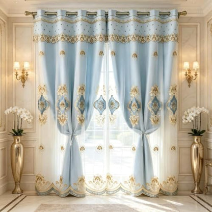 Amidoudou 1 Pair European Double Layer Curtains with Sheer Curtains for Living Room Bedroom Luxury Embroidered Blackout Curtains (Blue,52x95 Inch) - color: Blue, size: 52"W x 95"L (Pack of 2)