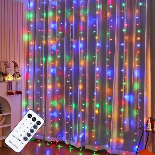 WATERGLIDE 300 LED Curtain Lights, Remote Control Christmas Decorative Hanging String Lights, 8 Lighting Mode, Plug in for Indoor Outdoor Holiday Party Garden Backdrop Wedding Home Decor, Multicolor - color: Multicolor