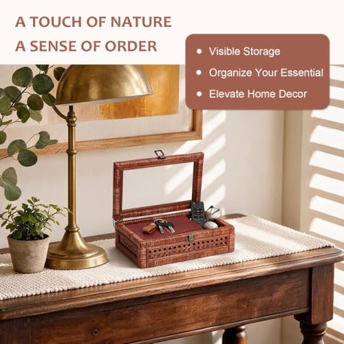 Hipiwe Rattan Display Box with Glass Lid Small Decorative Wicker Basket Box - color: Brown, size: Small,11"x7.1"x4"
