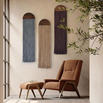 Macrame Wall Hanging Long Fringe Boho Wall Decor Handmade Wood 10" W*40" L - color: Espresso/Charcoal Gray/Caramel