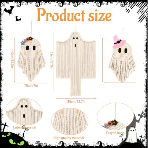 Remagr 3 Pcs Halloween Macrame Bats Wall Decor, Ghost Decor, Classic - style: Classic