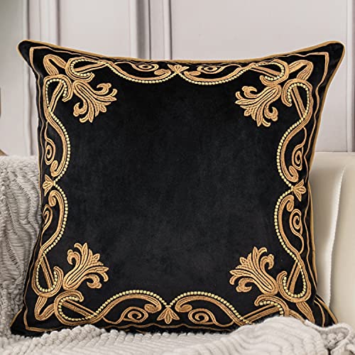 Aeckself Floral Pillow Cover 18x18 Inch, Velvet Embroidered Decorative Farmhouse Accent Throw Pillow Cover for Couch Bedroom Living Room, Black and Gold - color: Black Gold, size: 18" x 18" (Pack of 1)