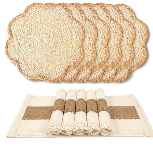 6pc Sunflower Rattan Placemat Set, Woven Boho Table Mats, Natural - color: Beige-set of 6