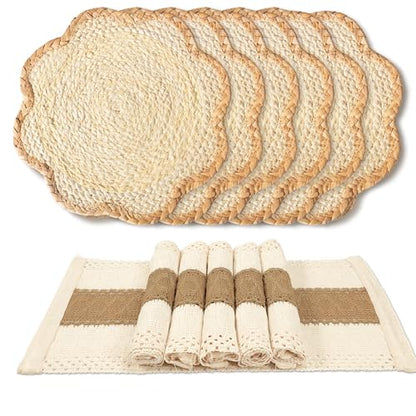 6pc Sunflower Rattan Placemat Set, Woven Boho Table Mats, Natural - color: Beige-set of 6