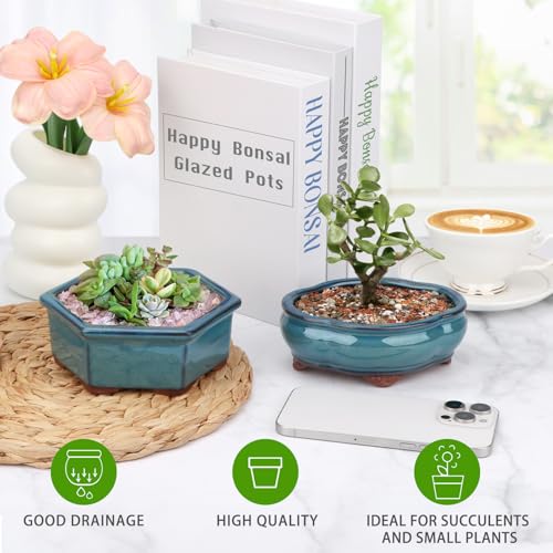 Bonsai Planter 5.7" 6" Small Succulent Glazed Pots Set of 2 + 6 Soft Mesh Drainage Screens - style: Style A&B