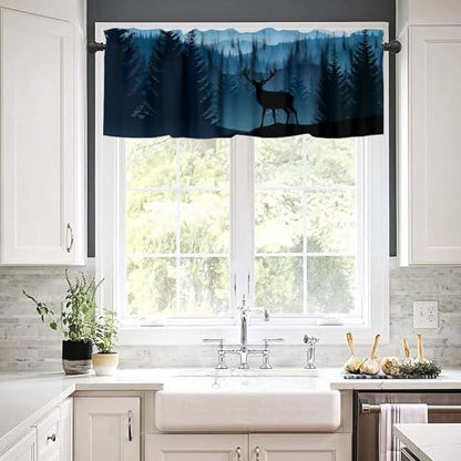 Misty Mountain Deer Valance Curtain, Rustic Retro Blue Foggy Forest Landscape Nature Woodland Wild Animal Deer Print Blackout Window Drape for Kitchen Bedroom, 54x18inch - color: Camo-10