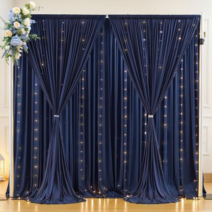 10 x 10 Navy Blue Backdrop Curtains with Lights String for Party - color: Navy Blue, size: W5' x H10'(2 panels)