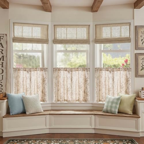 jinchan Floral Linen Kitchen Tier Curtains, 24 Inch, 2 Panels, Taupe - color: Amlie Taupe, size: 26"W x 24"L (Pack of 2)