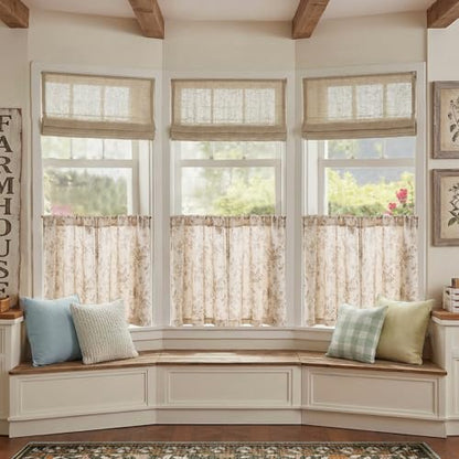 jinchan Floral Linen Kitchen Tier Curtains, 24 Inch, 2 Panels, Taupe - color: Amlie Taupe, size: 26"W x 24"L (Pack of 2)