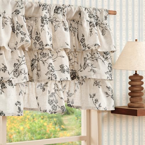 jinchan Alisa Ruffled Floral Valance Curtain 18 Inch 1 Panel Black on Linen - color: Alisa Black on Linen