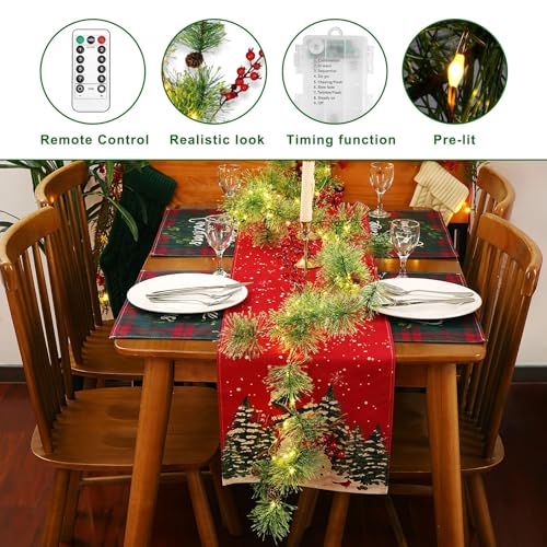 Christmas Garland with Lights, 6 FT Battery Operated Garland with 60 LED Lights, Timer, Lighted Garland with Berries Pine Cones for Mantle Stairs Railing Home Xmas Decoration Indoor