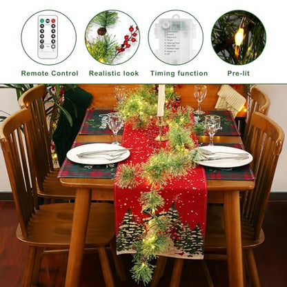 Christmas Garland with Lights, 6 FT Battery Operated Garland with 60 LED Lights, Timer, Lighted Garland with Berries Pine Cones for Mantle Stairs Railing Home Xmas Decoration Indoor