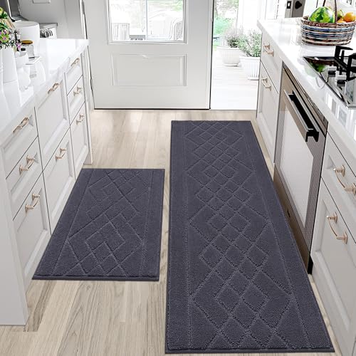 BEQHAUSE Kitchen Rugs Set of 2 Non Slip Runner, 20"x30"+20"x48", Dark Grey - color: Dark Grey, size: 20" X 30" + 20" X 48"