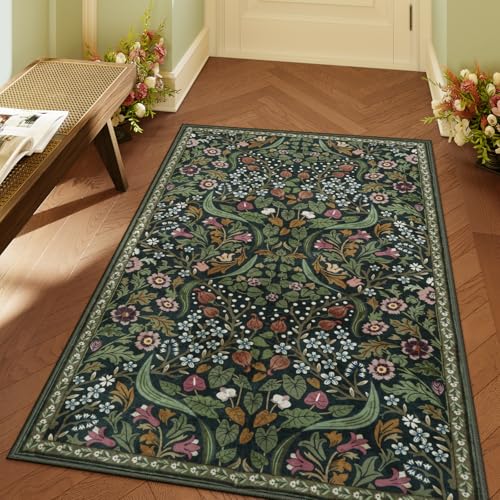 Lahome Olive Green Botanical Rug, 3x5 Washable Floral Entryway Rug - color: Green, size: 3' x 5'