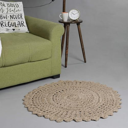 THE BEER VALLEY Jute Hand Crochet Rug 3 Feet Round - Natural - color: Natural, size: 3' (Round)