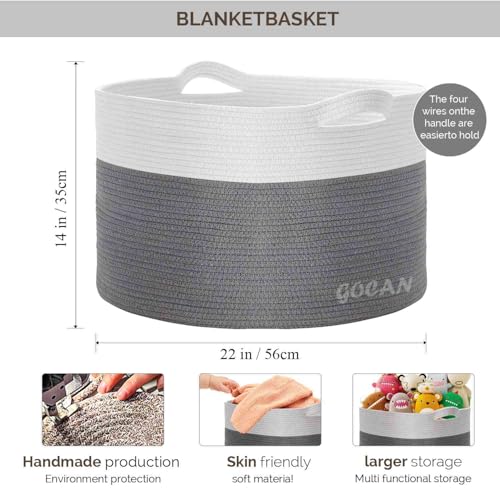 Cotton Rope Woven Laundry Basket 22"X 22"X 14" with handles XXXL - color: LigheGrey