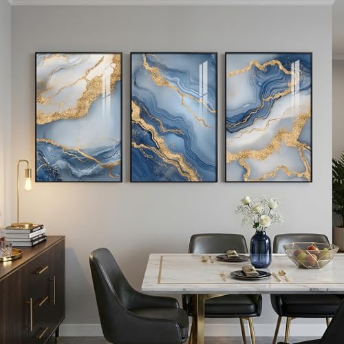 Large Framed Blue Gold White Abstract Wall Art for Living Room, Each 24x36 - color: Blue Gold Flow, size: 24" W x 36" H x 3 pieces