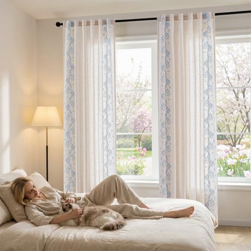 jinchan Floral Linen Curtains, Back Tab 50x96 Inch, 2 Panels Blue - color: Vine | Sky Blue, size: 50"W x 96"L (Pack of 2)