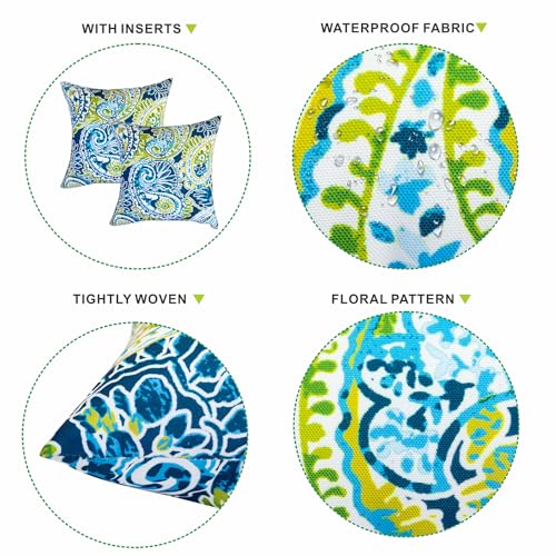 JMGBird Outdoor Throw Pillow Green Outdoor Pillows with Inserts Included - color: Green Paisley Print