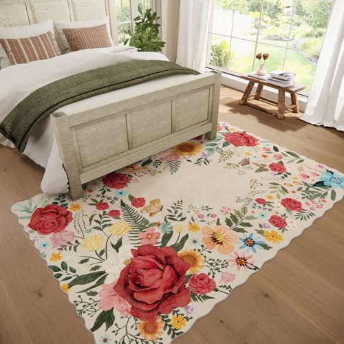 Washable Rugs for Living Room: 6x9 Area Rugs for Bedroom Soft Ultra Thin Stain Resistant Non Slip Low Pile Lightweight Vintage Floral Carpet for Dining Room Decor (Beige) - color: Beige, size: 6'x9' (Rectangular)