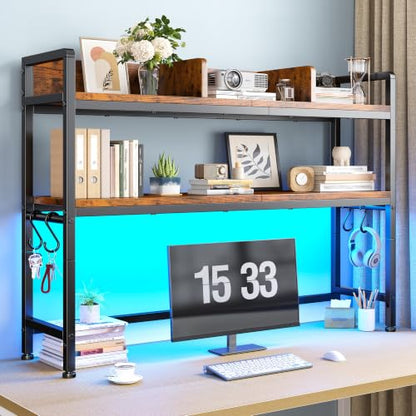 REIBII 2-Tier Desk Shelf, LED, Bedroom and Home Office, Rustic Brown - color: Rustic Brown, size: 7.8"D x 45.2"W x 38.7"H