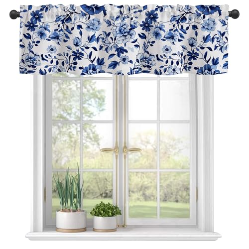 Navy Watercolor Flowers Semi Sheer Valance for Windows - Rod Pocket Short Window Treatment, Light Filtering Decor for Kitchen, Living Room, Bedroom - 54"x18" - color: Navy Watercolor Flowers, size: 18"W x 54"L (Pack of 1)