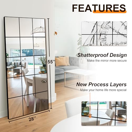 Delma Window Pane Full Length Mirror 28"x55" Large Window Wall Mirror Black - size: 55"L x 28"W