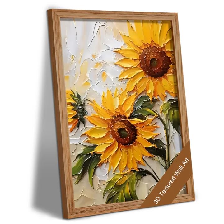 RUMSICH 3D Rustic Textured Sunflower Canvas Wall Art 12x16 Inch Framed - color: 3DSunflower, size: 16"L x 12"W