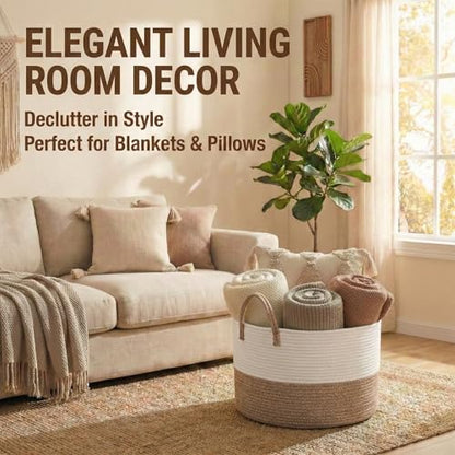 JMvicyroam 65L Extra Large Machine Washable Cotton Rope Blanket Basket - color: White&Brown, size: 65L