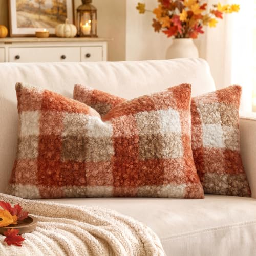 MIULEE Fall Plaid Pillow Covers Boucle Orange 12x20 Set of 2 Lumbar - color: Orange, size: 20" x 12" (Pack of 2)