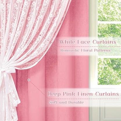 ASPMIZ Pink Kitchen Curtains Double Layer Curtains with Linen Lace, Linen Kitchen Window Curtain 36 inch Length, Farmhouse Tier Curtain with 2 Tiebacks, Rod Pocket Window Treatments for Cafe Bathroom - color: Deep Pink, size: 26"W x 36"L (Pack of 2), styl