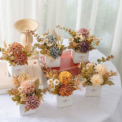6PCS Artificial Fall Flowers with Ceramic Vases – Chrysanthemums & Daisies - color: Fall Multicolor