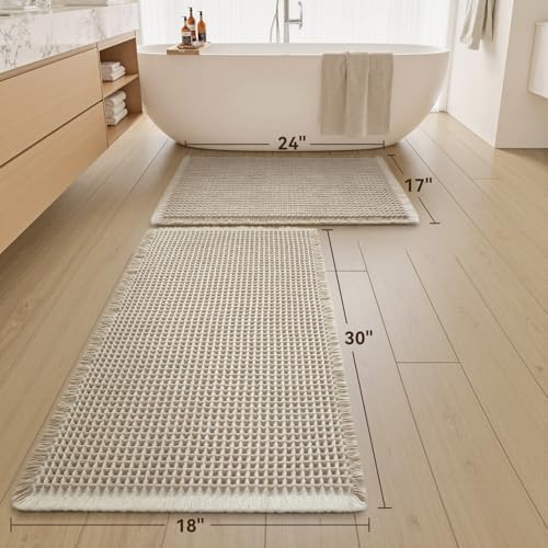 Upgraded Waffle Bath Mat Set of 2 Absorbent Bathroom Mat 17"x24" + 18"x30" - color: Brown & Cream, size: 17" x 24" + 18" x 30"