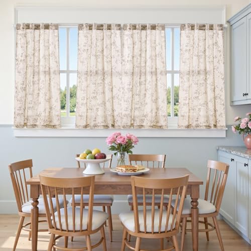 jinchan Floral Linen Kitchen Tier Curtains, 45 Inch, 2 Panels, Taupe - color: Alisa Taupe, size: 38"W x 45"L (Pack of 2)