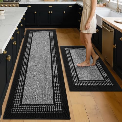 hicorfe Kitchen Runner Rugs,Set of 2 Non Slip Kitchen Mats for Floor - color: Black, size: 24"x71"+24"x35"