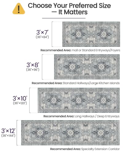 DEXI Hallway Runner Rug Non Slip Washable 3x12, Vintage Floral, Blue Grey - color: Blue Grey, size: 3' x 12' (Runner)