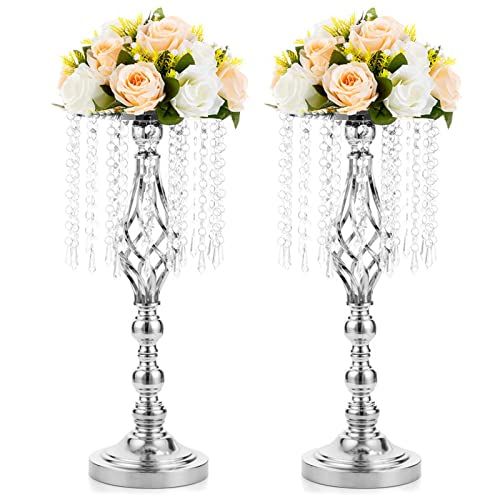 2 Pcs 19.3 Inches Tall Crystal Flower Stand Wedding Road Lead Holders Centerpiece Chandelier Metal Vase for Reception Tables Wedding Supplies - color: Silver, size: Medium - 2 Pcs
