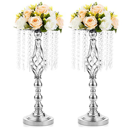 2 Pcs 19.3 Inches Tall Crystal Flower Stand Wedding Road Lead Holders Centerpiece Chandelier Metal Vase for Reception Tables Wedding Supplies - color: Silver, size: Medium - 2 Pcs