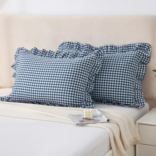 Silnuo Navy Blue/White Gingham Plaid Ruffled Pillow Covers Queen Size - color: Navy Blue Plaid, size: Queen (20" x 30") - Set of 2