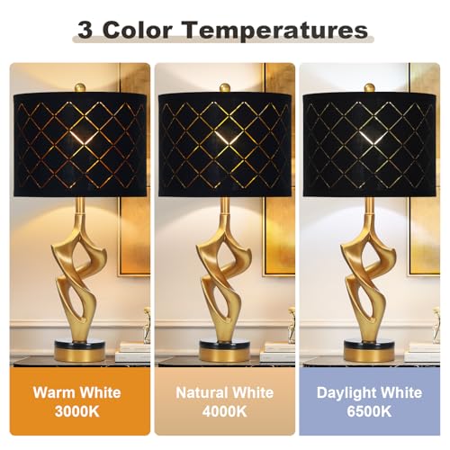 Ruzectt 29" Tall Black and Gold Table Lamps Set of 2 for Living Room, 3 Color Temperatures Bedside Lamps for Bedroom Nightstand, Modern Sculptural Resin Lamp with Grid Shade (2 LED Bulbs Included) - color: Black & Gold (2 Pack)