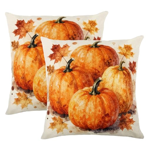 Four Orange Pumpkins Maple Leaf Watercolor Splash Throw Pillow Cover 18x18 Inch, Vintage Fall Harvest Farmhouse Linen Decorative Pillow Cover for Thanksgiving Sofa Couch Decor - color: Cream, Orange