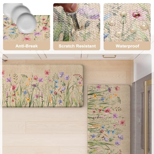 KIMODE Anti Fatigue Kitchen Mats, Brown Farmhouse Kitchen Rugs Sets of 2 - color: Floral/Brown, size: 47"L x 20"W x 0.47"Th + 32"L x 20"W x 0.47"Th