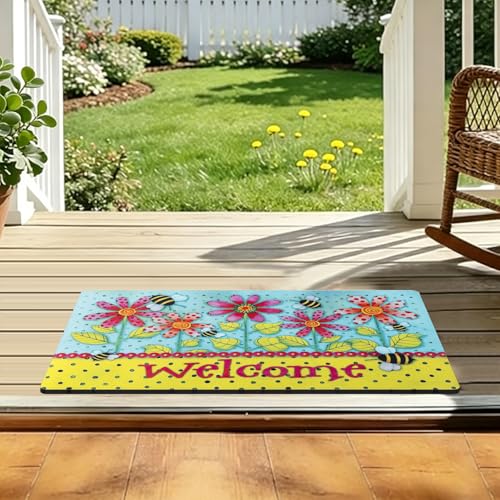 Welcome Mat 17x29 Non Slip Rubber Back Door Mat Outside Entrance - color: Polka-dot Bee
