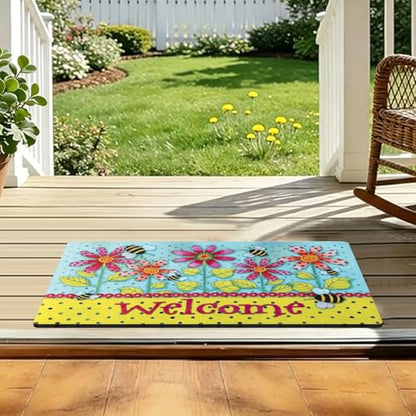 Welcome Mat 17x29 Non Slip Rubber Back Door Mat Outside Entrance - color: Polka-dot Bee