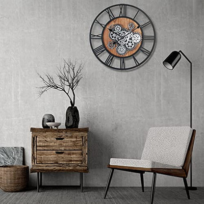 Lafocuse 23 Inch Steampunk Large Wall Clock with Moving Gears Wooden Brown