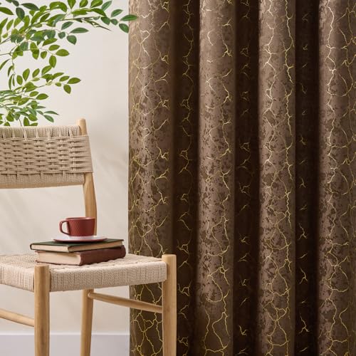 Brown and Gold Curtains 84 Inches long 2 Panels Cocoa Abstract Golden Foil Print Jacquard Curtains Grommet Marble Textured Geometry Modern Privacy Window Drapes for Living Room Bedroom, 52x84 - color: Brown, size: 52"W x 84"L (Pack of 2)