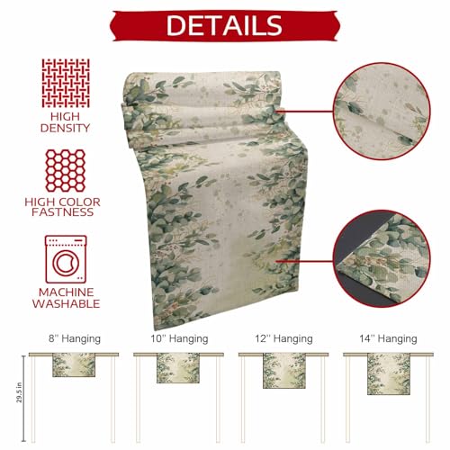 Sage Green Eucalyptus Leaves Table Runner 36 Inches Long,Retro Botanical Beige Cotton Linen Table Runners Dresser Scarves,Spring Leaf Fabric Tabletop Scarf Furniture Cover for Home Dinner Party13 x36 - color: Light Beige Sage Green, size: 13x36 Inches
